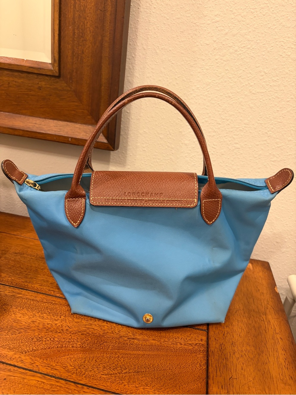 Longchamp Le Pliage S Blue Nylon Satchel with Brown Leather Trim - Picture 5 of 13